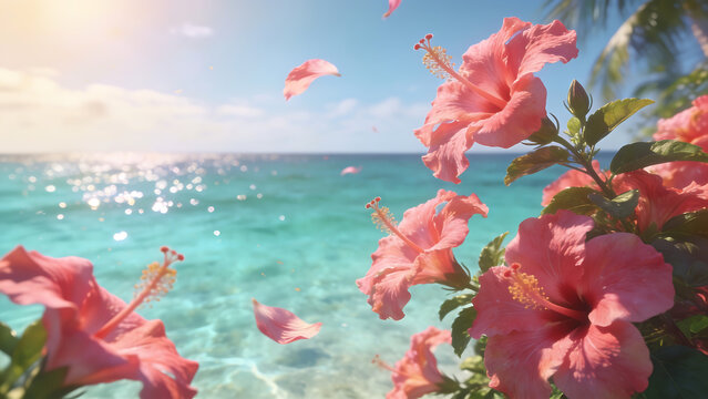 Vibrant pink cherry blossoms framing a serene ocean view with kite flying.