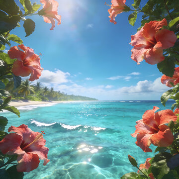 Vibrant pink flowers framing a tropical beach with turquoise ocean waves.