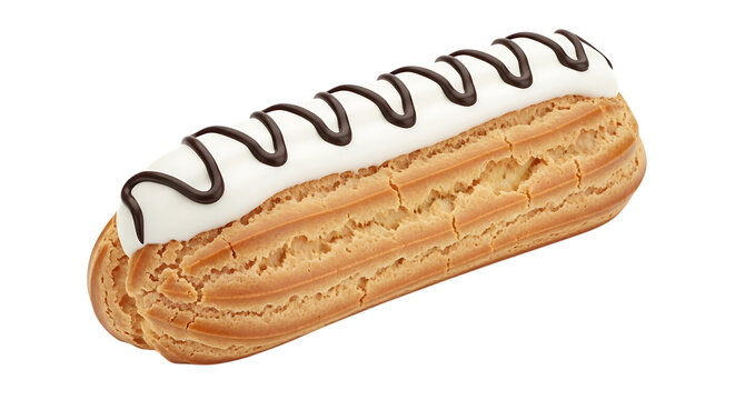 A glazed eclair with chocolate drizzle and golden pastry presented on transparent background dessert glaze sweet baked confectionery treat