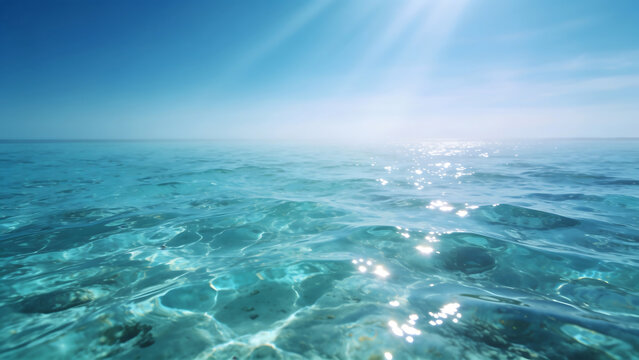 Sunlight Glittering on Gentle Ocean Waves Under Clear Blue Sky.