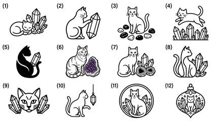 Collection of illustrated cats in various poses and activities. © Tony