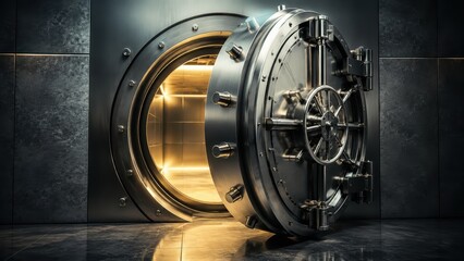 Fototapeta premium Bank vault door open, financial security concept, steel safe background