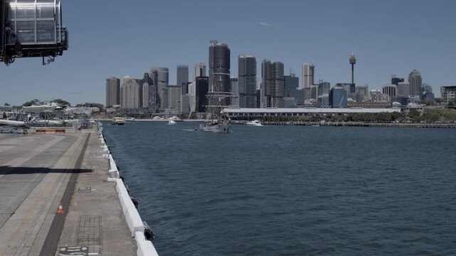 Aerial View of Barangaroo Waterfront and Tall Ship Approaching