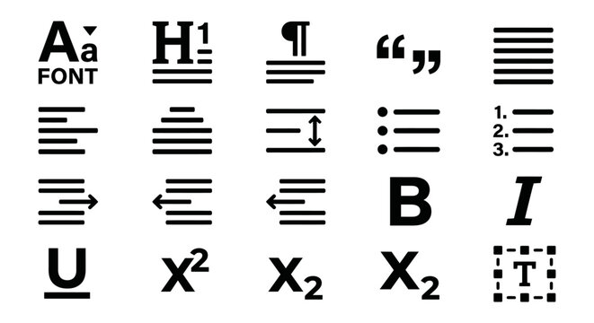 A collection of black text formatting icons and typography tools used in word processing and graphic design software