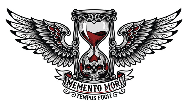 Memento Mori hourglass with wings and skull illustration.