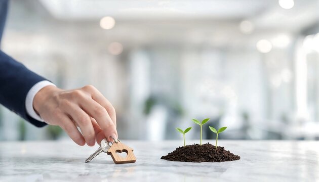 Hand in suit jacket holding a metal key with a wooden house-shaped keychain near small green sprouts