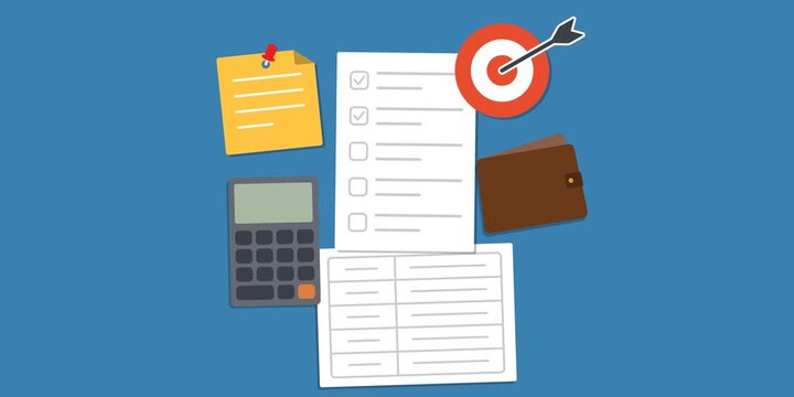 Priority checklist, calculator, wallet, sticky notes, target symbol and financial worksheet. Financial priority board concept scene. Personal financial prioritization and budget planning process.