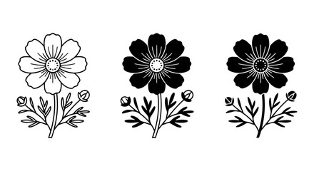 Obraz premium Hand-Drawn Floral Icons, Simple Outline Flower Graphics, Botanical Vector Elements, Black and White Nature Art