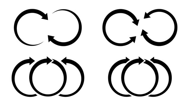 Set of black circular arrow icons for cycle and reload process with circular rotation business direction abstract interface collection
