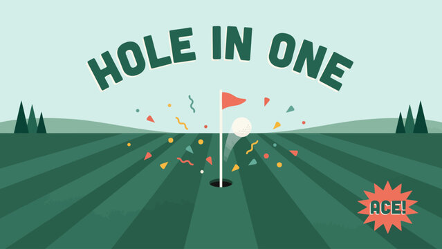 Golf illustration celebrating a perfect 'hole in one' shot, featuring a golf ball in the cup, a flag, and confetti on a green course, symbolizing success and ultimate achievement