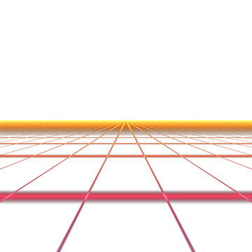 Orange Retrowave Neon Grid Overlay, Isolated on Transparent Background. Isolated glowing retrowave neon grid for VFX, motion graphics and cinematic compositing.