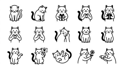 Collection of black and white cat illustrations in various poses. © Yu
