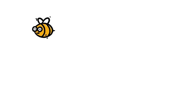 Horizontal 4K cartoon video. Loop hand drawn line art doodle sketch animation for kids. Cute bee with small wings flies, hovers, and looks at camera on white background. Concept of insects, wild life