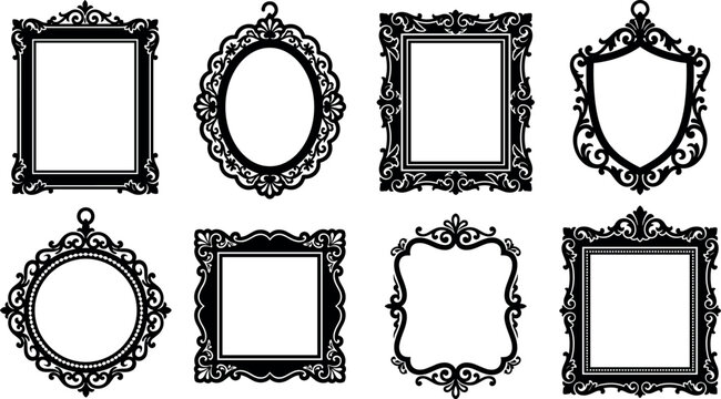 Vintage picture frame vector set featuring luxury baroque mirror borders, antique ornate silhouettes, and royal rococo text frames on white background.