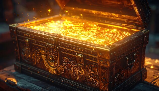 Glowing treasure chest filled with gold and jewels