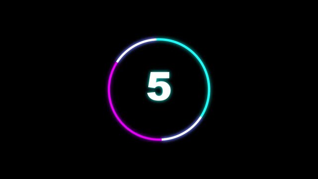 Neon countdown timer featuring numbers one to ten within a glowing colorful circle on black background loop