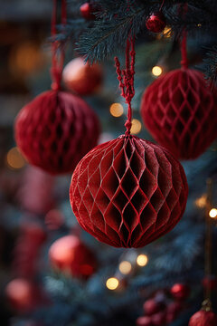 Red honeycomb paper decorations on a festive Christmas tree.