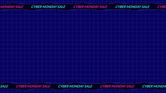 Seamless looping background animation of moving top and bottom Cyber Monday Sale text stripes with blue grid center text copy space area. Flat style promo frame backdrop concept for shopping