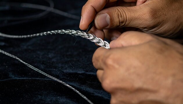 Close-up of hand adjusting audiophile headphone cable braid. High-fidelity audio gear customization and DIY upgrade detail.