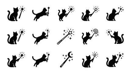 Fototapeta premium Black Cat Silhouettes with Magic Wands and Sparkles.