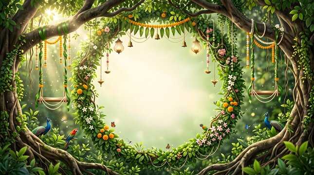 Teej festival celebration background with floral wreath with decorated marigold garlands