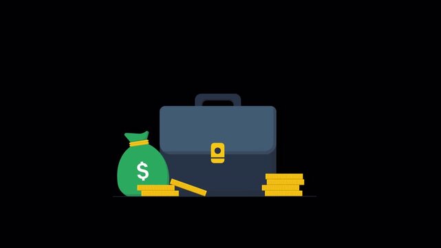 Animated Business Briefcase with Growing Financial Chart and Money Bag - Transparent