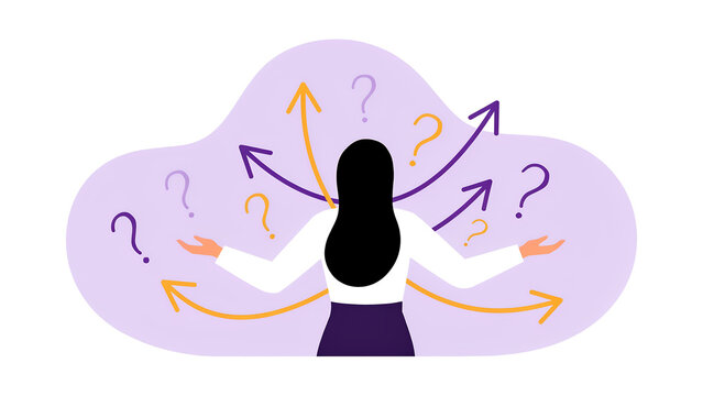 Uncertain businesswoman looking at multiple directional arrows and questions with confusion direction decision question uncertainty thinking strategy business planning solution opportunity