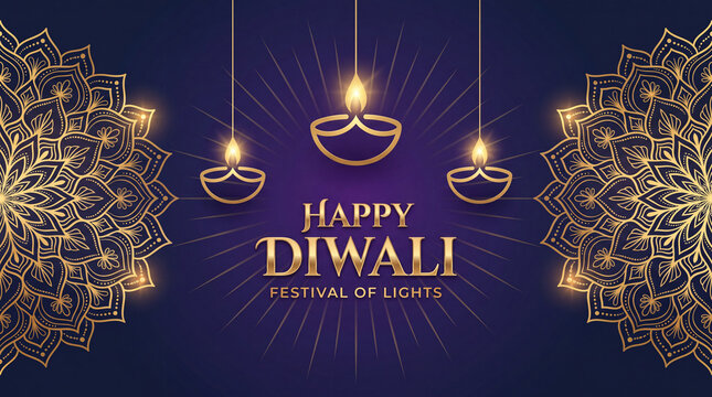 A luxurious Happy Diwali greeting background featuring elegant golden mandalas and glowing hanging oil lamps on a deep purple gradient backdrop.