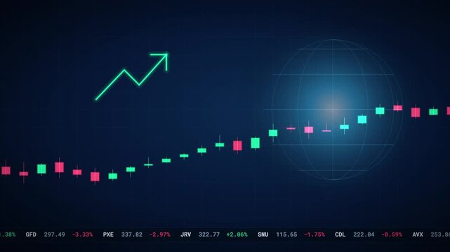 Stock market candlestick chart with globe and arrow 4K loop