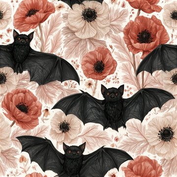Pastel gothic Halloween seamless pattern with black bats and red and beige poppy flowers creating spooky yet elegant design