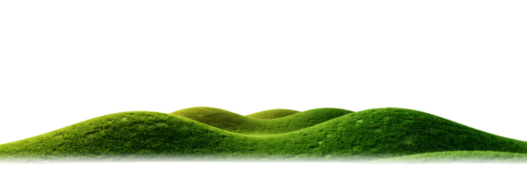 A series of smooth rolling green grassy hills forming a natural landscape horizon for environmental and outdoor background projects isolated on a transparent background