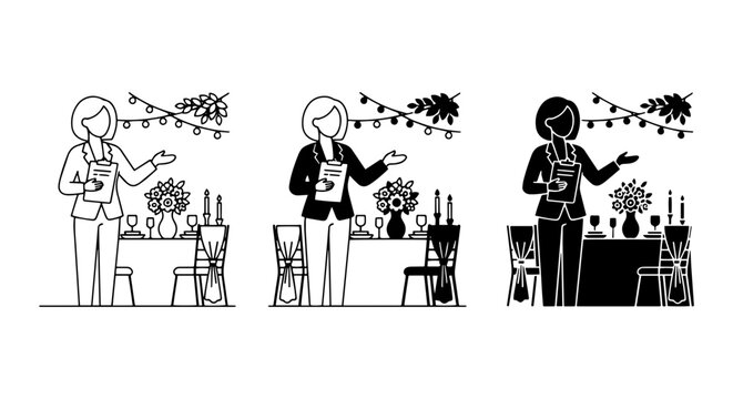 Event Planner Woman Presenting Table Setting, Vector Icons for Catering and Hospitality Business