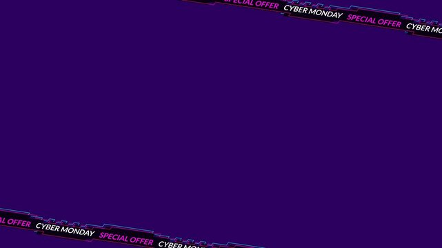 Seamless looping background animation of moving top and bottom corner Cyber Monday text stripes with dark purple center copy space. Flat style promo frame banner concept for retail deals