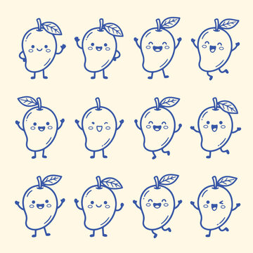 Cute cartoon mango fruit characters set with happy expressions character expression tropical collection nutrition illustration isolated