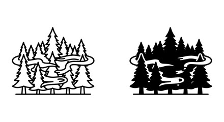 Fototapeta premium Minimalist Forest Landscape Vector Art, Nature Scene Icons, Pine Trees, Aurora Borealis, Outdoor Adventure