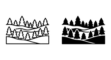 Forest Landscape Icons, Evergreen Trees, Rolling Hills, Nature Scene Vector Graphics © md
