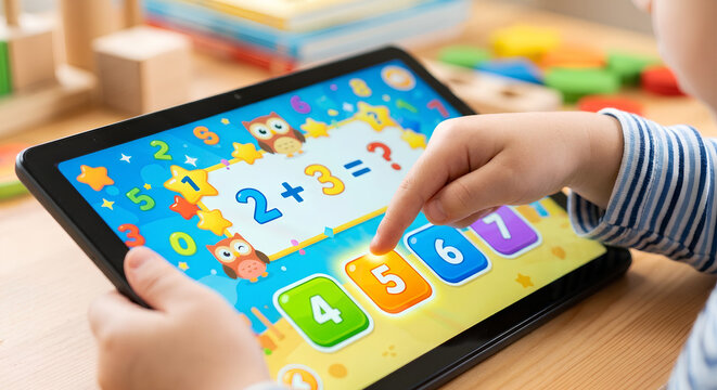 A child's hands playing an interactive math learning game on a digital tablet, showing an addition problem with colorful numbers.