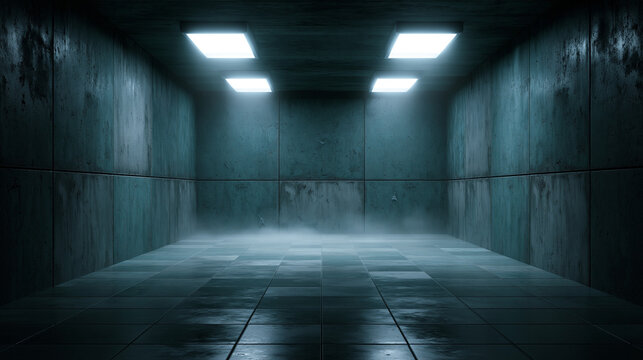 A dark, atmospheric photograph of an empty industrial room with weathered teal metal walls and a wet, reflective floor, illuminated by overhead panel lights.