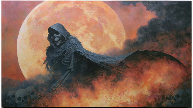 A digital painting depicting the Grim Reaper, a cloaked skeleton, emerging from a sea of flames and skulls, set against a massive orange moon background.