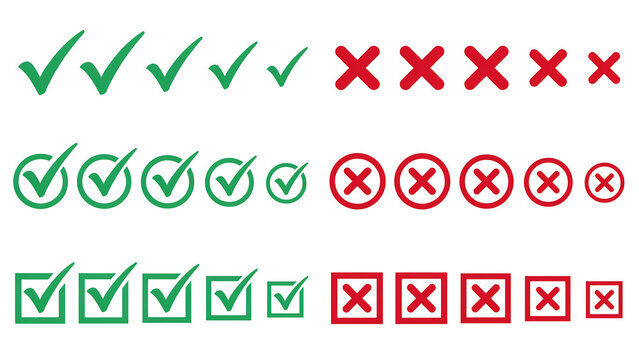 Collection of green check marks and red cross signs for task completion with validation incorrect checklist approved rejected collection decision