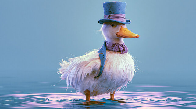 A digital 3D rendering of an eccentric white duck wearing a blue top hat and cravat, standing elegantly in shallow water against a clean background.