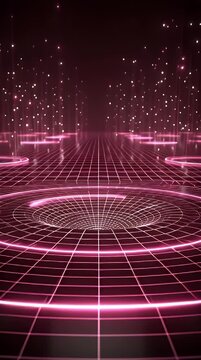 Abstract futuristic tunnel with glowing pink neon gridlines and scattered particles creating a vibrant digital landscape for technology gaming or sci-fi design projects