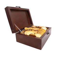 Open Wooden Treasure Box Filled with Gold Coins on Transparent Background png © Nofi