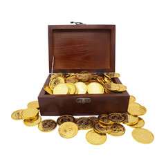 Open Wooden Treasure Box Filled with Gold Coins on Transparent Background png © Nofi