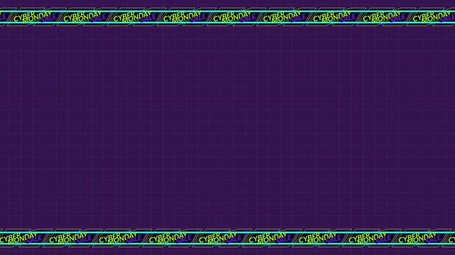 Seamless looping background animation of moving top and bottom Cyber Monday Sale text stripes with purple center copy space area. Flat style neon promo frame backdrop concept for retail