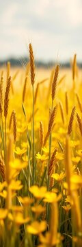 Tall wheat stalks stand tall amidst a sea of bright yellow petals, countryside, sunshine