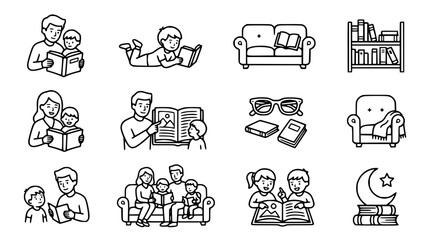 Family Reading Icons: Parents, Children, Books, Sofa, Armchair, Bookshelf - Line Art