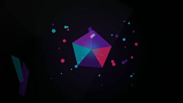 Abstract 3D Rotating Pentagonal Prism with Vibrant Blue and Purple Gradient on Dark Background with Floating Particles