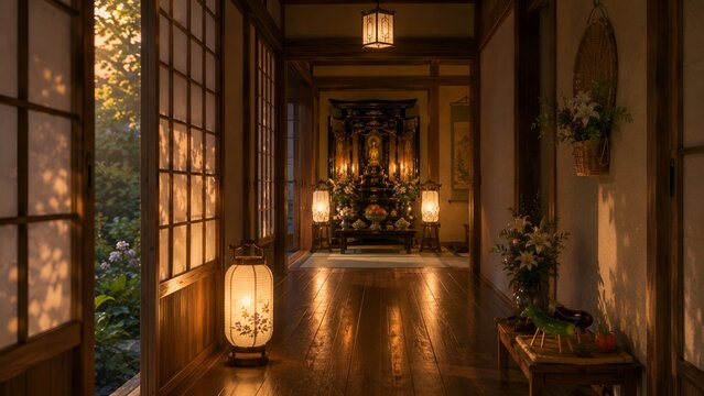 夕暮れ時の日本家屋の廊下に用意されたお盆の精霊馬と奥の立派な仏壇