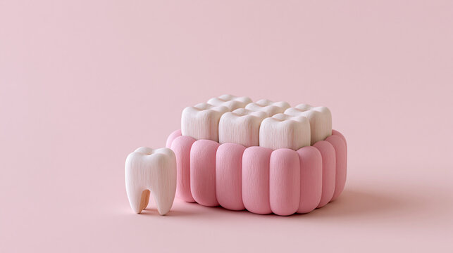A cute studio photo of a textured pink container filled with small white teeth models, accompanied by a single larger tooth model in front on a pink background.
